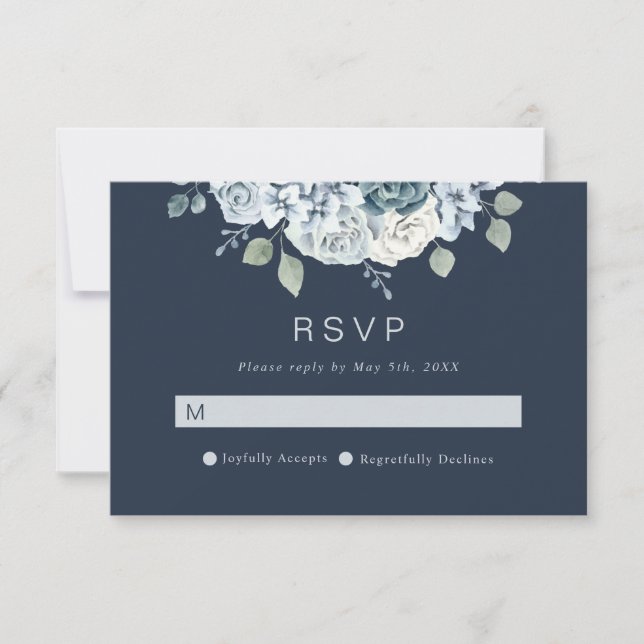 Navy Blue Modern Watercolor Floral Wedding RSVP Card (Front)