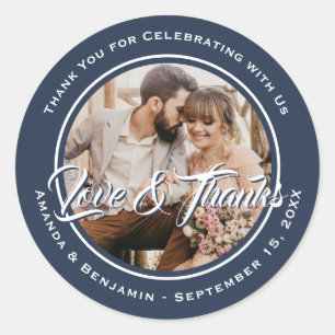 Navy Blue Modern Wedding Photo Favour Classic Round Sticker