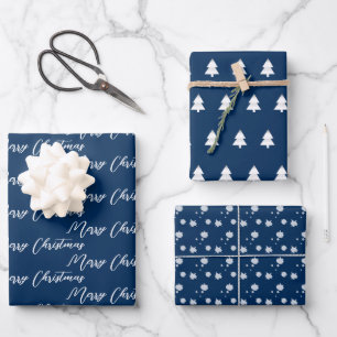 Navy Blue & Modern White Christmas Tree Wrapping Paper Sheet