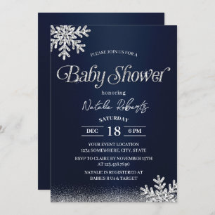 Navy Blue Modern Winter Snowflakes Baby Shower Invitation