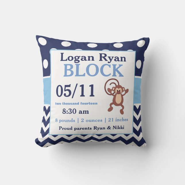 Navy Blue Monkey Baby Announcement Pillow (Front)