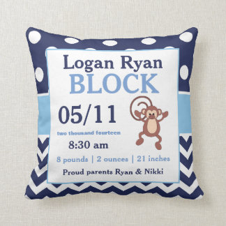 Navy Blue Monkey Baby Announcement Pillow