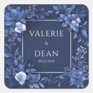 Navy Blue Monochrome Floral Modern Square Frame Square Sticker