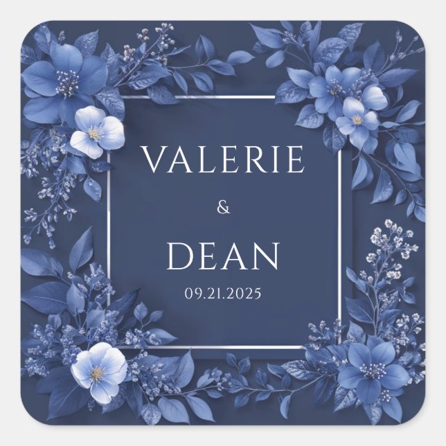 Navy Blue Monochrome Floral Modern Square Frame Sticker (Front)