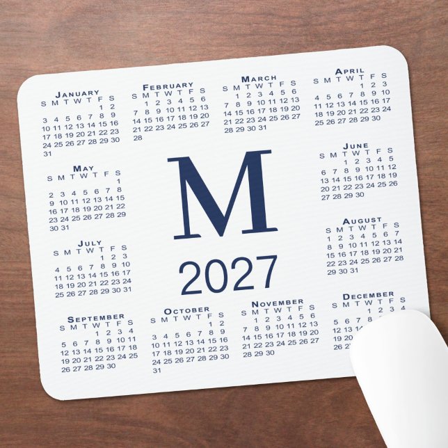 Navy Blue Monogram 2027 Calendar White Mouse Pad (Navy Blue Monogram 2027 Calendar White Mouse Pad in situ)