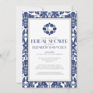 Navy Blue Monogram Damask Bridal Shower Invitation