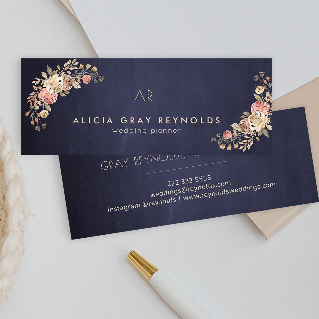 Navy Blue Monogram Elegant Floral Wedding Planner Mini Business Card (Creator Uploaded)