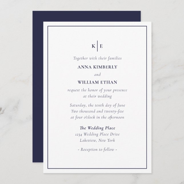 Navy Blue Monogram - Families Wedding Invitations (Front/Back)