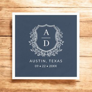Navy Blue Monogram Floral Wedding Crest Napkin