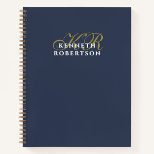 Navy Blue Monogram Gold White Minimalist Men Chic Notebook