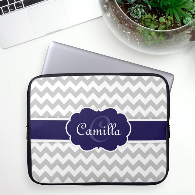 Navy Blue Monogram Grey Chevron Pattern Laptop Sleeve (Creator Uploaded)