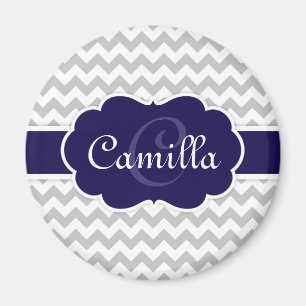 Navy Blue Monogram Grey Chevron Pattern Magnet