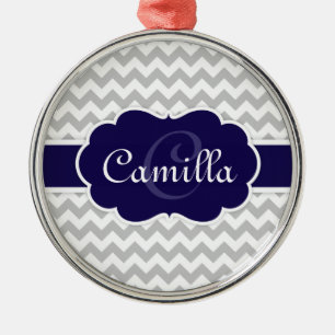 Navy Blue Monogram Grey Chevron Pattern Metal Tree Decoration