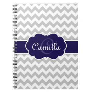 Navy Blue Monogram Grey Chevron Pattern Notebook