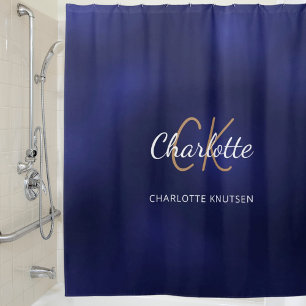 Navy blue monogram initials name shower curtain