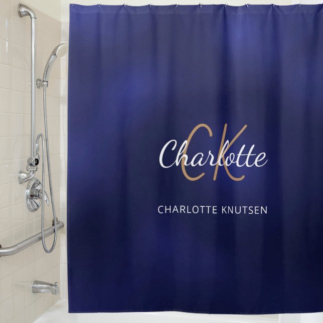 Navy blue monogram initials name shower curtain (Creator Uploaded)