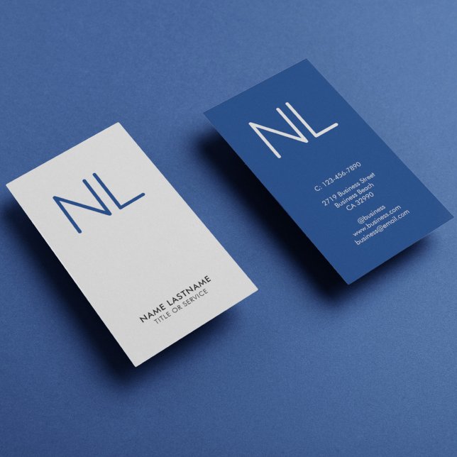 Navy Blue Monogram Minimalistic White Vertical Business Card (Creator Uploaded)