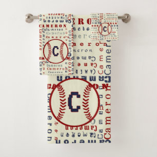 Navy Blue Monogram Name Gifts for Kids Baseball Bath Towel Set