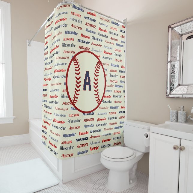 Navy Blue Monogram Name Gifts for Kids baseball Shower Curtain (In Situ)
