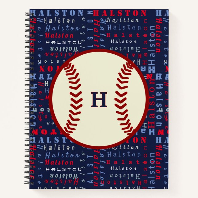 Navy Blue Monogram Name Gifts Kids boys baseball N Notebook (Front)