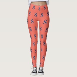 Navy Blue Monogram Pattern on Orange Leggings