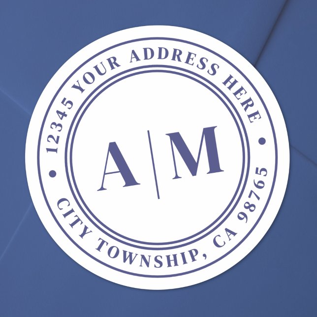 Navy Blue Monogram Return Address Classic Round Sticker (Navy Blue Monogram Return Address Classic Round Sticker )