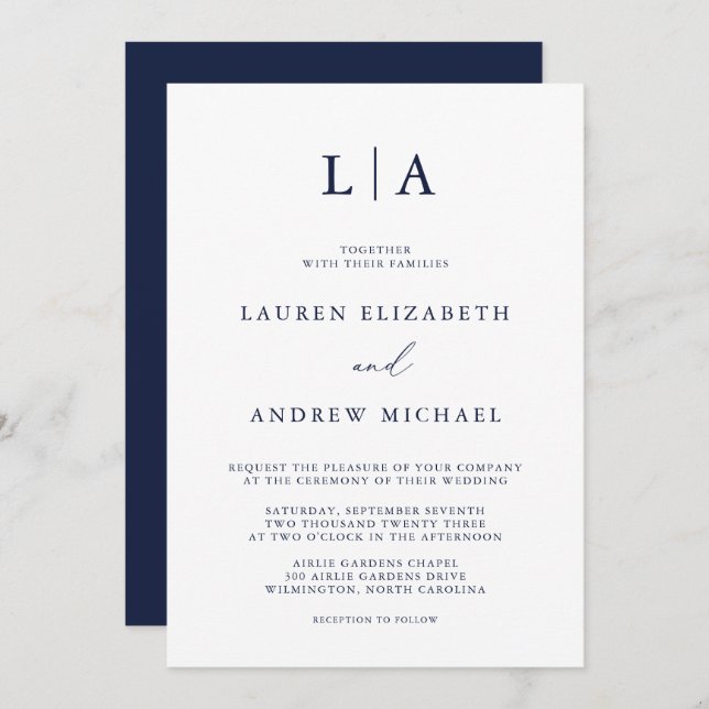 Navy Blue Monogram Simple Minimalist Wedding Invitation (Front/Back)