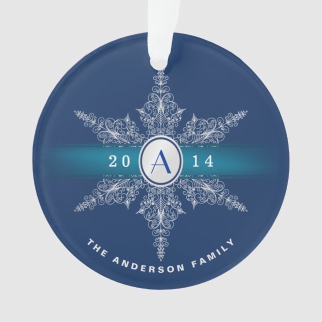 Navy Blue Monogram Snowflake Christmas Ornament (Front)