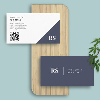 Navy Blue | Monogram Stylish QR Code Business Card