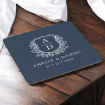 Navy Blue Monogram Wedding Floral Crest Elegant Square Paper Coaster<br><div class="desc">Elevate your wedding decor with our Navy Blue Monogram Wedding Floral Crest Elegant Square Paper Coaster. Featuring a deep navy blue background, a classic floral crest, and a personalised monogram, this coaster offers a timeless blend of sophistication and charm. Ideal for cocktail hours, receptions, or bridal showers, it adds a...</div>