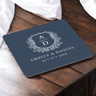 Navy Blue Monogram Wedding Floral Crest Elegant Square Paper Coaster