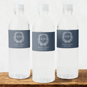 Navy Blue Monogram Wedding Floral Crest Water Bottle Label