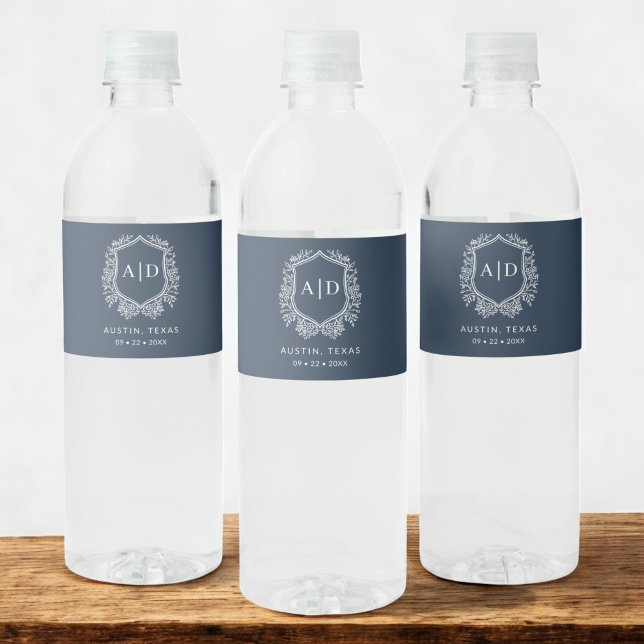 Navy Blue Monogram Wedding Floral Crest Water Bottle Label (Creator Uploaded)