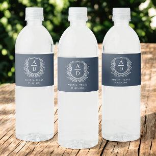 Navy Blue Monogram Wedding Floral Crest Water Bottle Label