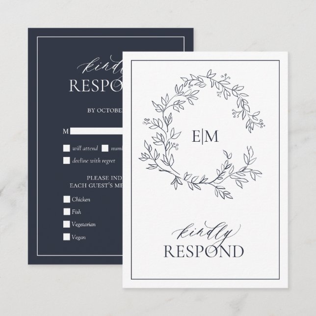 Navy Blue Monogram Wedding RSVP Card (Front/Back)
