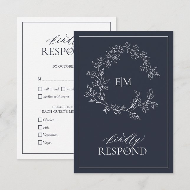 Navy Blue Monogram Wedding RSVP Card (Front/Back)