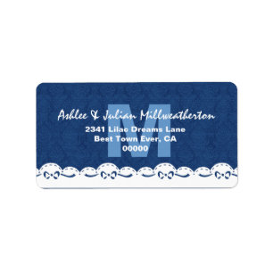 Navy Blue Monogram White Lace Wedding M482F Label