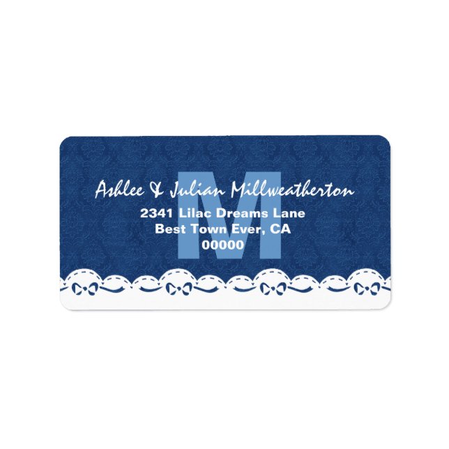 Navy Blue Monogram White Lace Wedding M482F Label (Front)