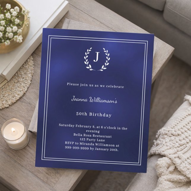 Navy blue monogram wreath birthday invitation (Creator Uploaded)