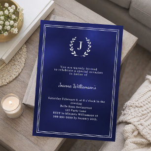 Navy blue monogram wreath milestone age-neutral invitation