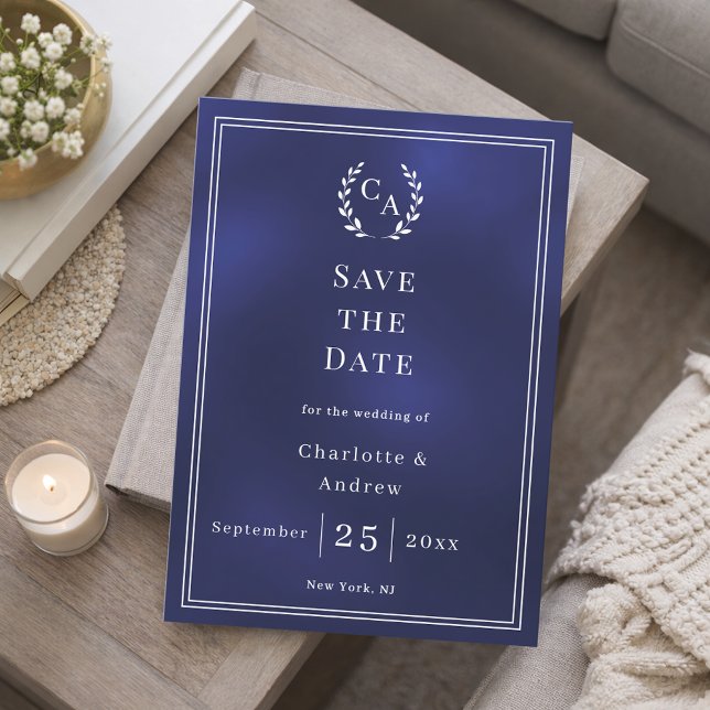 Navy blue monogram wreath wedding save the date (Creator Uploaded)
