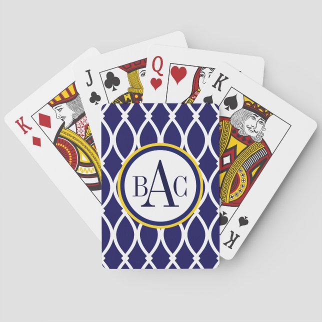 Navy Blue Monogrammed Barcelona Print Playing Cards (Back)