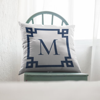 Navy Blue Monogrammed Greek Key Border Cushion
