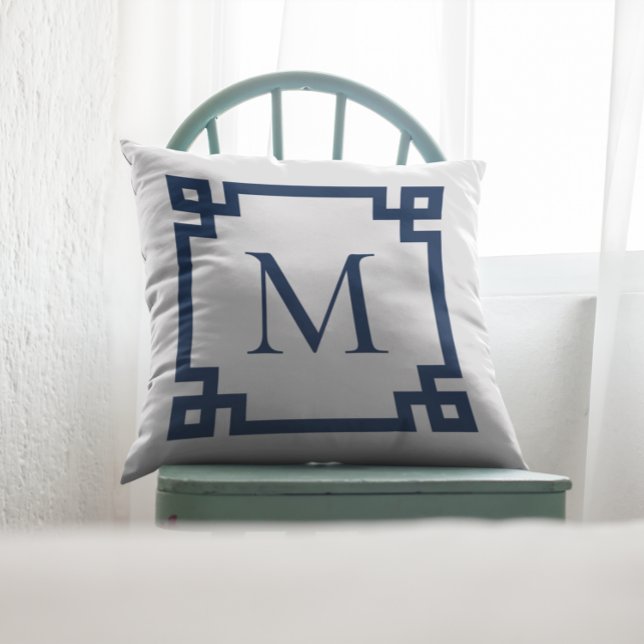 Navy Blue Monogrammed Greek Key Border Cushion (Create your own monogrammed Greek Key border square throw pillow.)