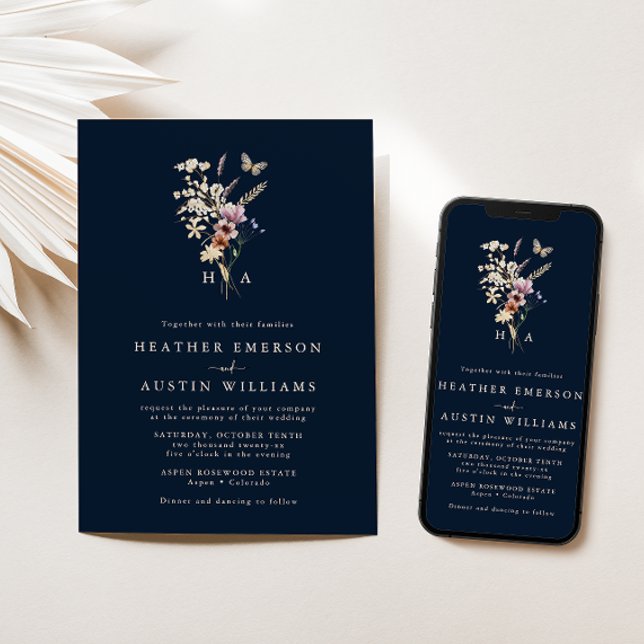 Navy Blue Monogrammed Wedding Invitation (Navy Blue Boho Floral Monogrammed Wedding Invitation by Painted Paperie
)