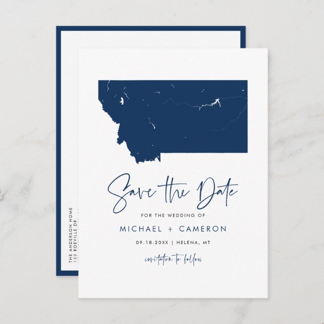 Navy Blue Montana State Map QR Code Save the Date Announcement Postcard (Front/Back)