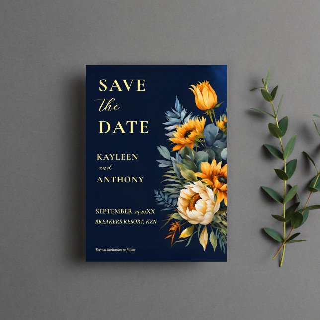 Navy blue moody rustic sunflowers wedding save the date (Navy blue moody rustic sunflowers fall wedding save the date cards qr save the date floral elegant)
