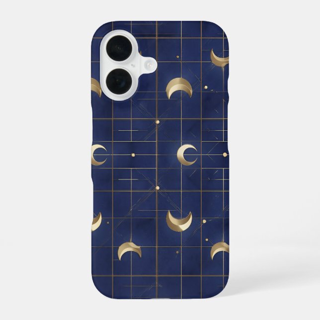 Navy Blue Moon and Gold Grid Design iPhone 16 Case (Back)