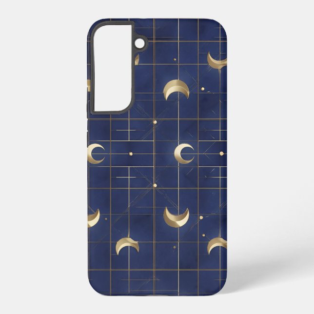 Navy Blue Moon and Gold Grid Design Samsung Galaxy S22+ Case (Back)