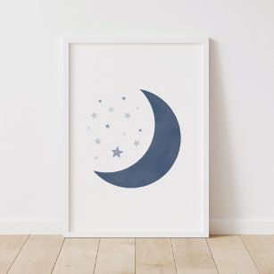 Navy Blue Moon and Stars Boy Nursery Poster